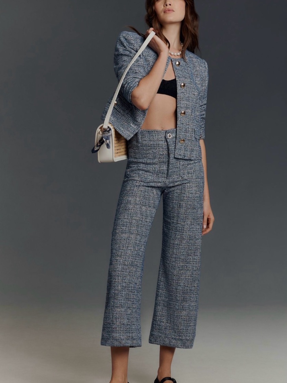 Maeve Blue Tweed Wide-Leg Cropped Pants - Picture 7 of 7